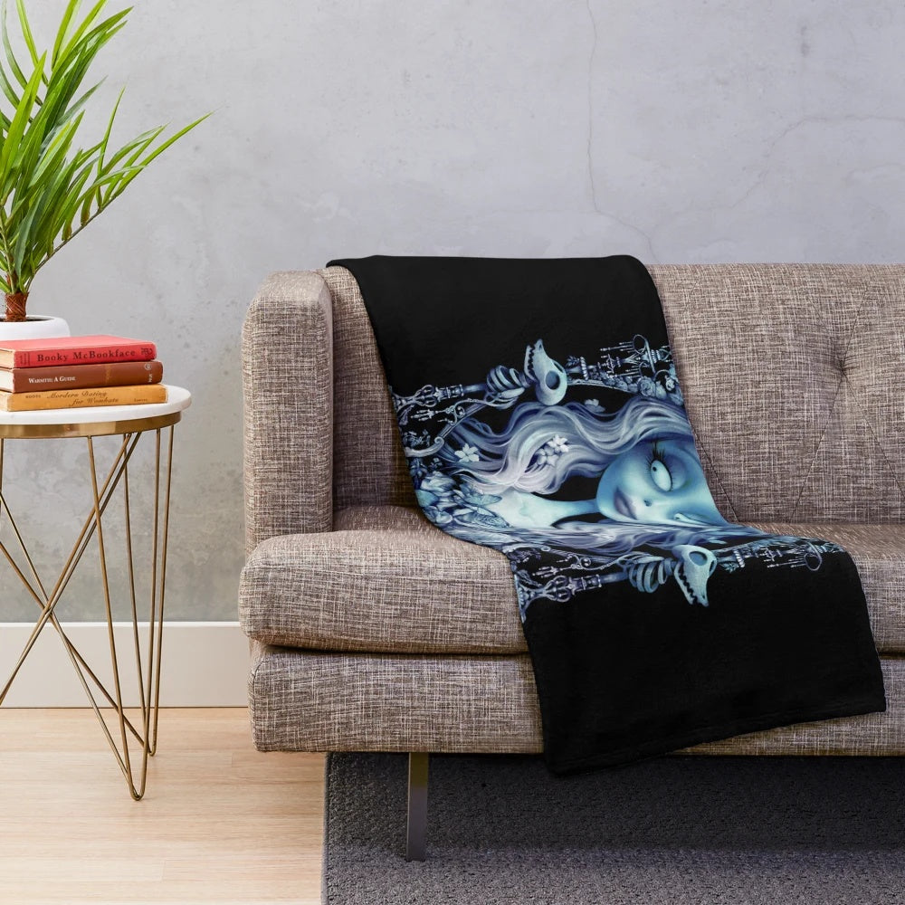 Corpse Bride inspired plush blanket with gothic and anime-style design