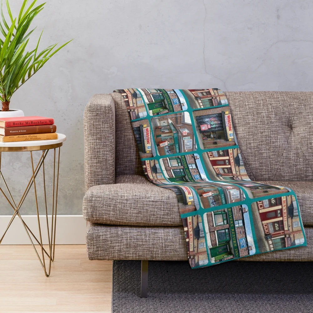 Corrie iconic buildings plush blanket featuring Coronation Street landmarks