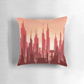 A decorative pillow featuring a detailed cityscape of the planet Coruscant from the Star Wars universe.