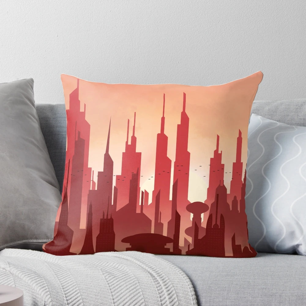 A decorative pillow featuring a detailed cityscape of the planet Coruscant from the Star Wars universe.