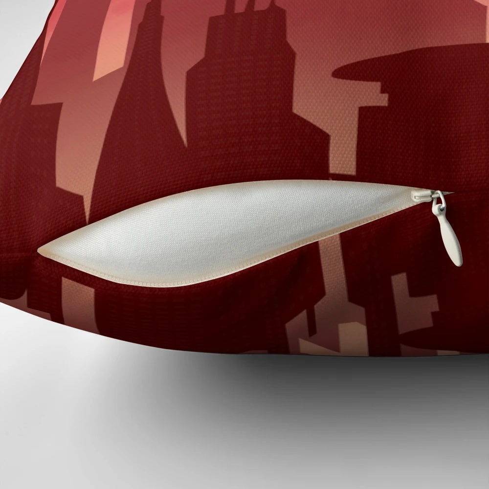 A decorative pillow featuring a detailed cityscape of the planet Coruscant from the Star Wars universe.
