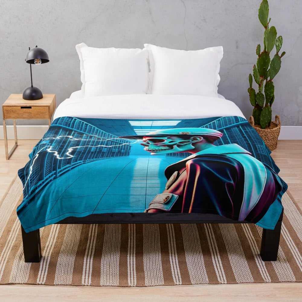 Colorful and surreal AI control plush blanket with futuristic space-inspired design