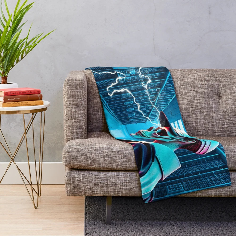 Colorful and surreal AI control plush blanket with futuristic space-inspired design