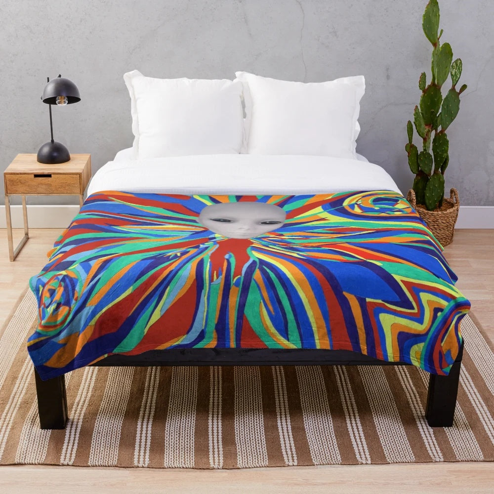 Alien Grey Planet Plush Blanket with Cosmic, Psychedelic Design