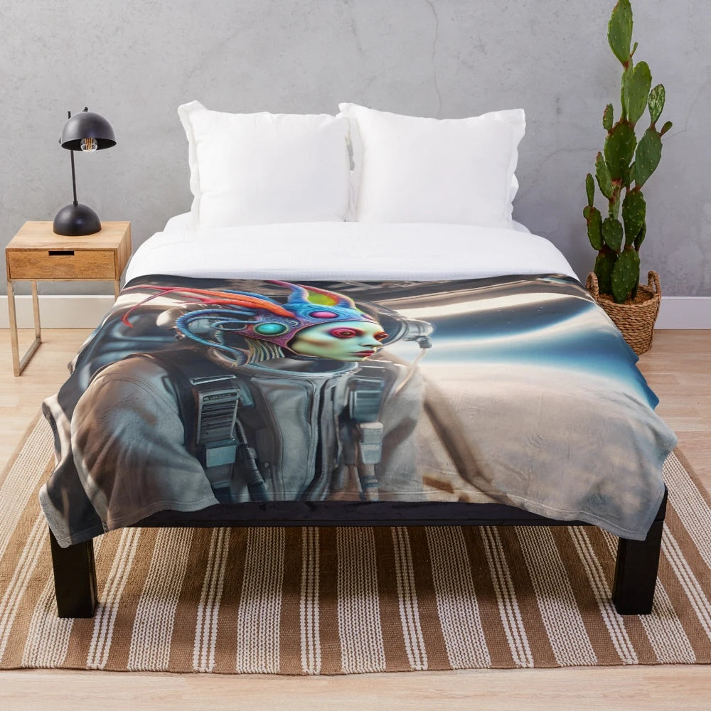 Cozy alien-themed plush blanket with psychedelic, intergalactic design