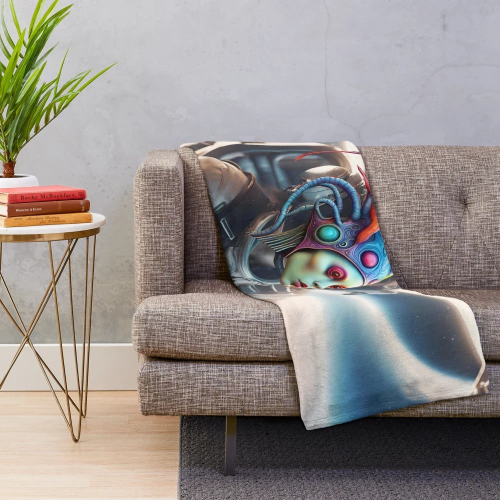 Cozy alien-themed plush blanket with psychedelic, intergalactic design