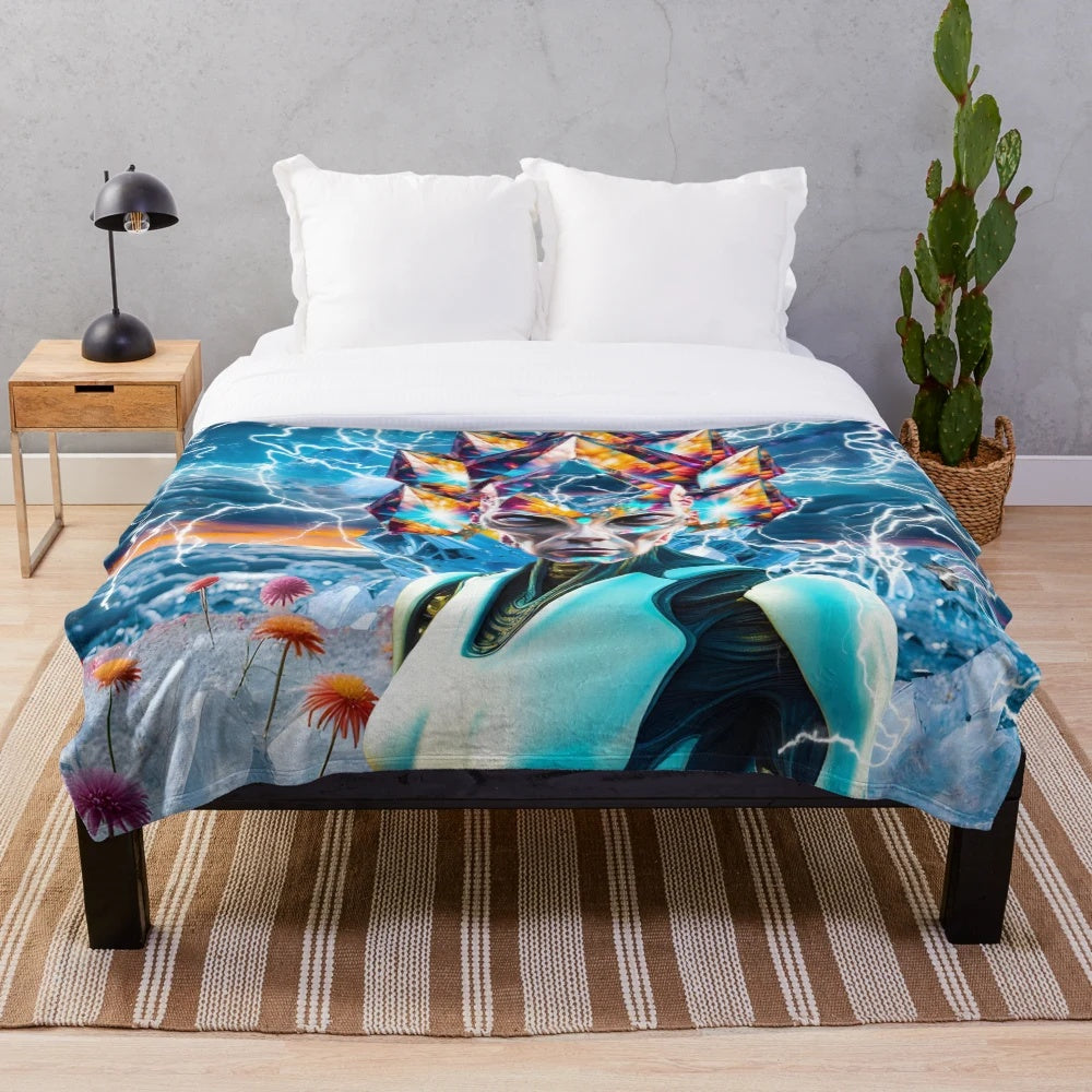Alien-inspired cosmic plush blanket with psychedelic patterns