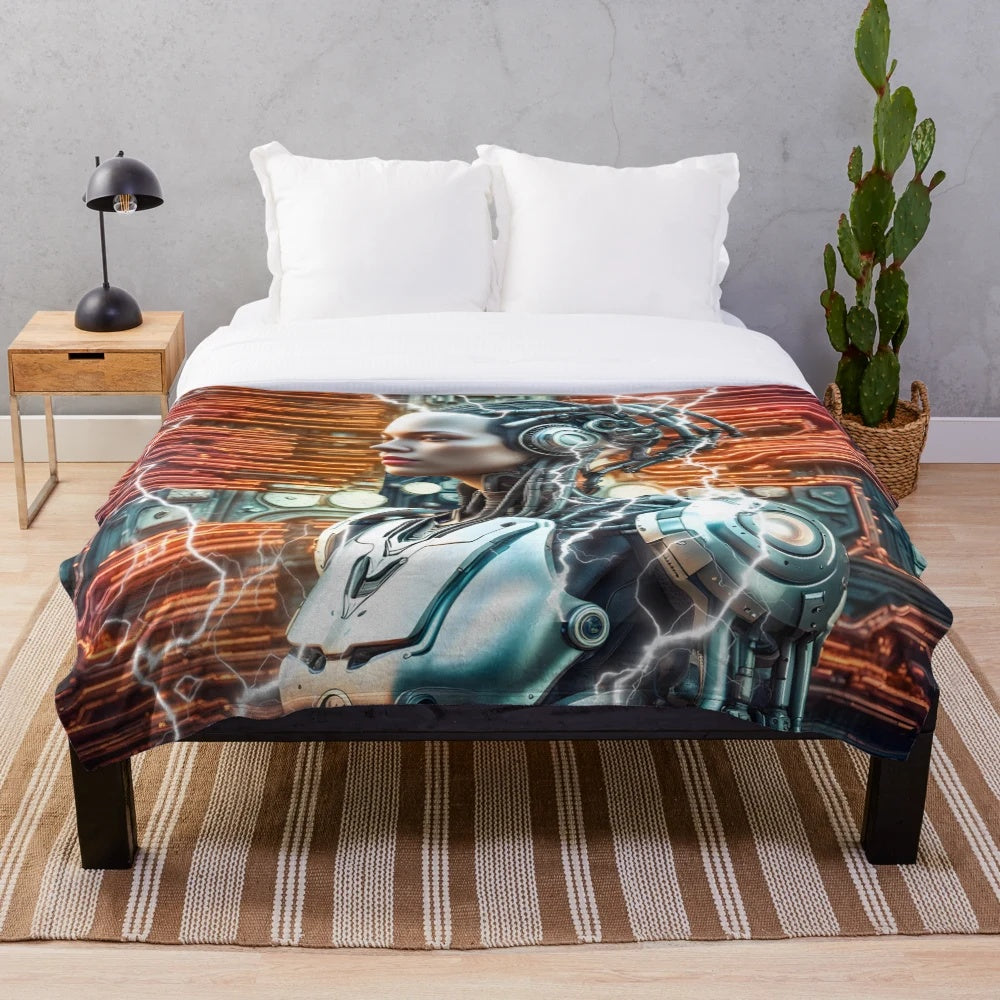 Cosmic Android Plush Blanket with Futuristic Sci-Fi and Boho Floral Patterns
