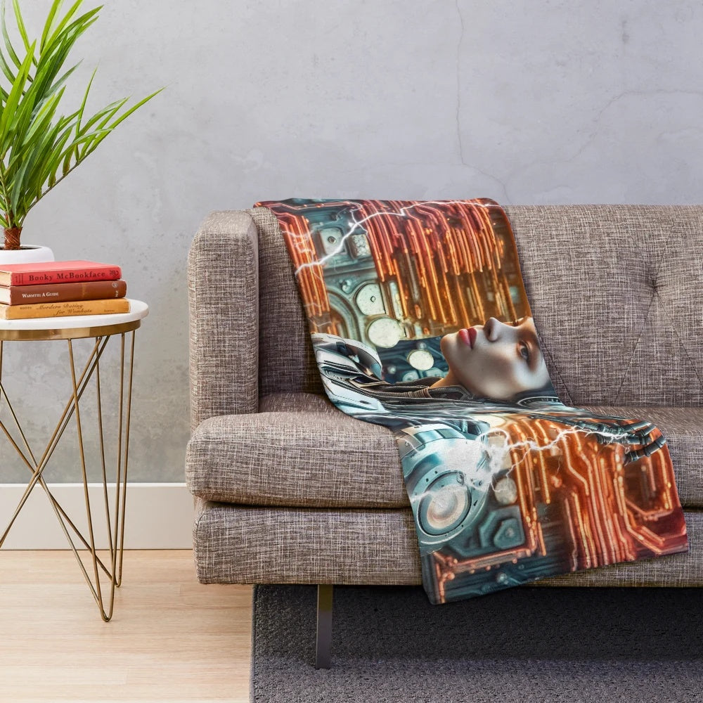 Cosmic Android Plush Blanket with Futuristic Sci-Fi and Boho Floral Patterns