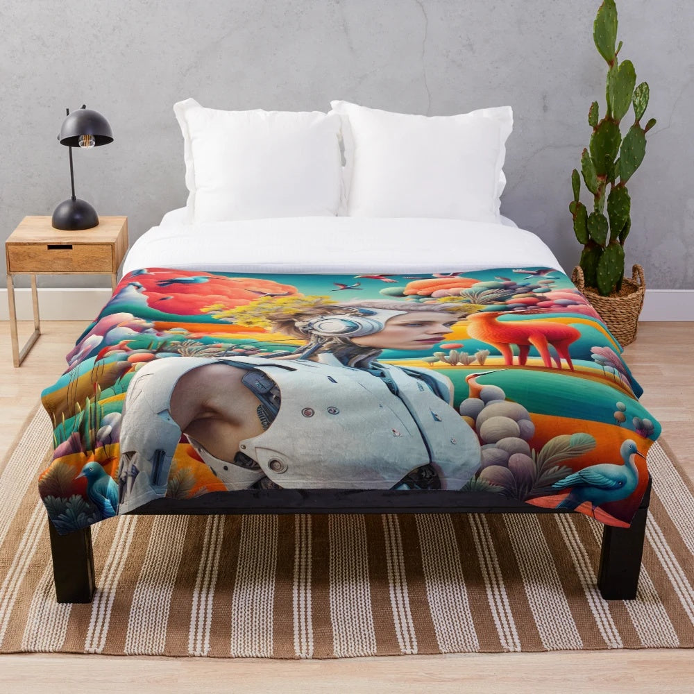 Cosmic Android Plush Blanket with fantasy sci-fi and extraterrestrial design