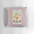 A plush pizza-shaped pillow with mystical moon and star designs, perfect for reading tarot cards and relaxing.
