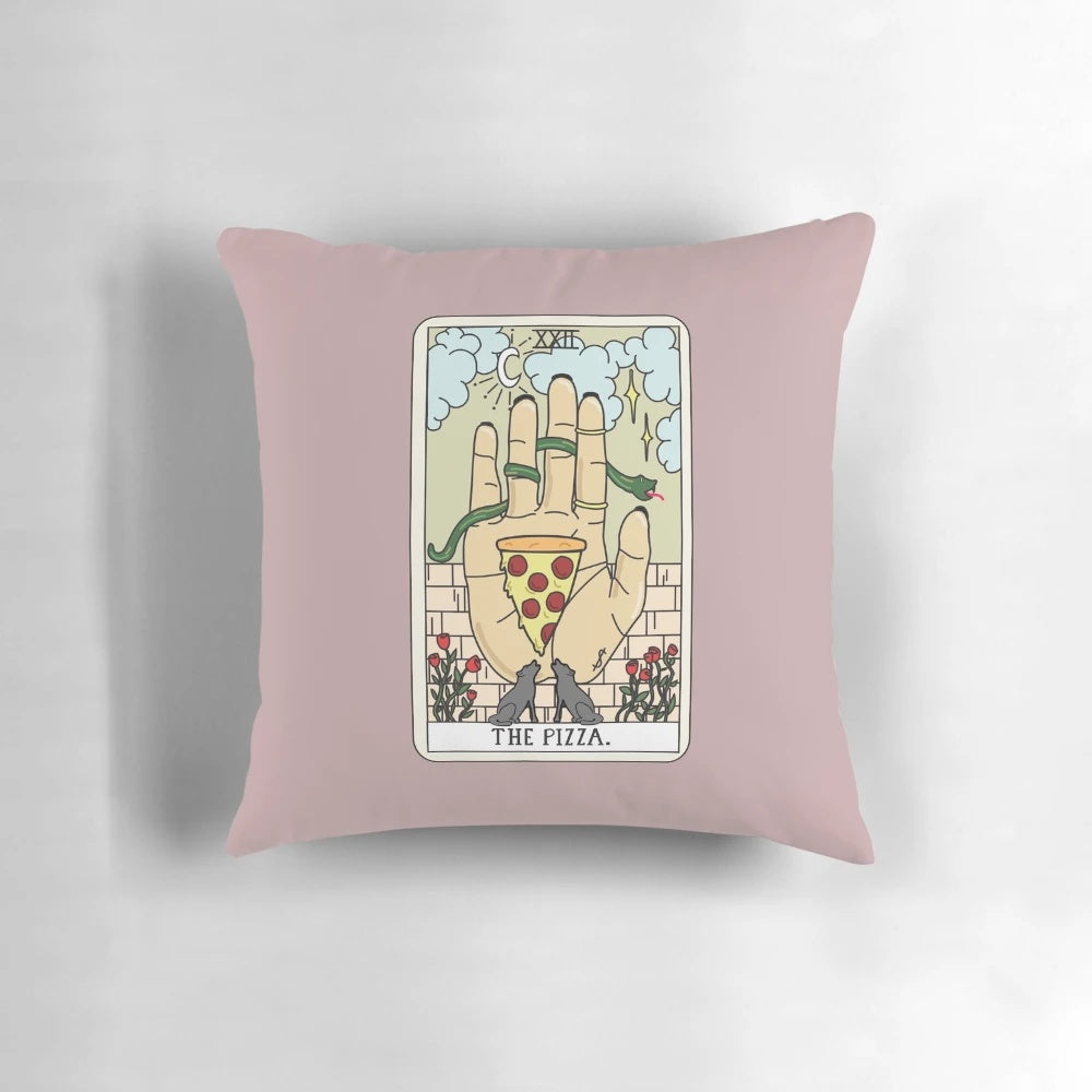 A plush pizza-shaped pillow with mystical moon and star designs, perfect for reading tarot cards and relaxing.