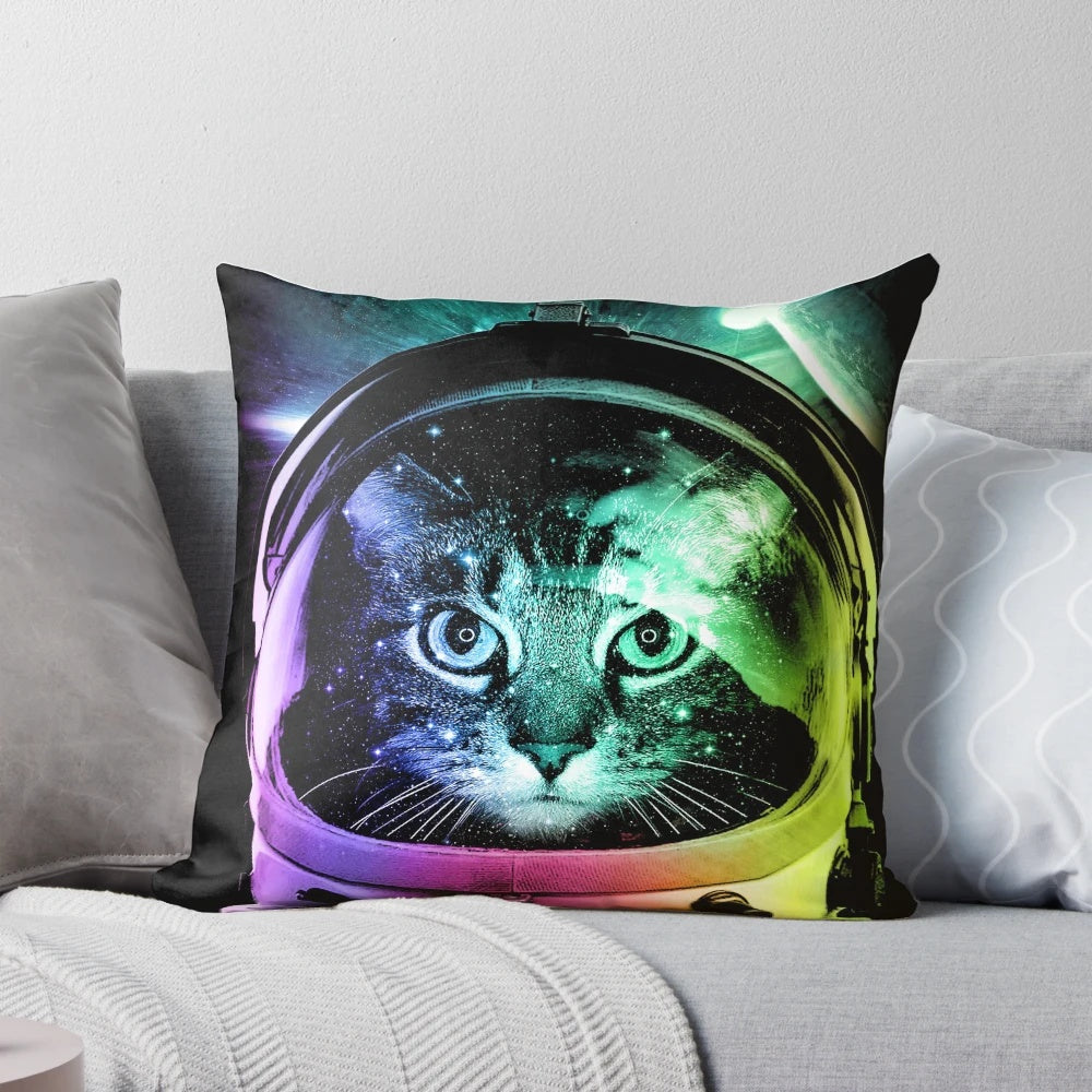 Soft, plush pillow featuring a cute astronaut cat in a space-themed design