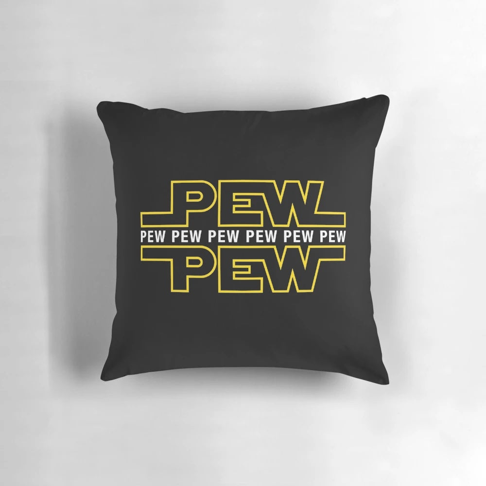 A decorative pillow with a science fiction-inspired "pew pew pew" design.