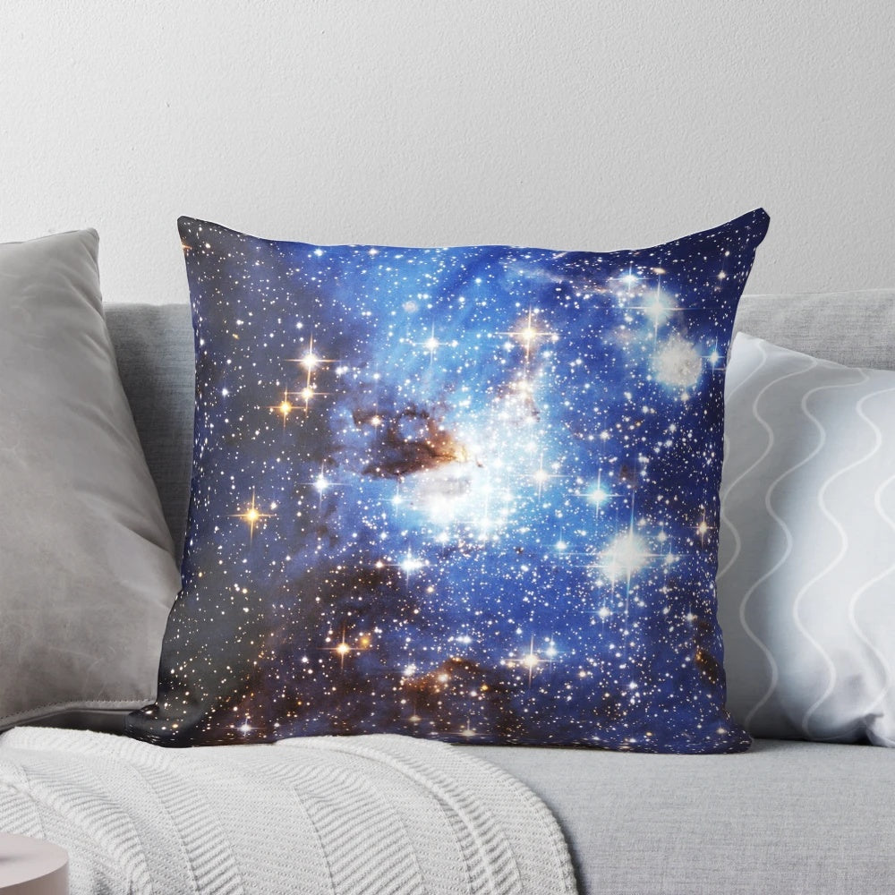 Blue galaxy print pillow with a cosmic, nebula-inspired design