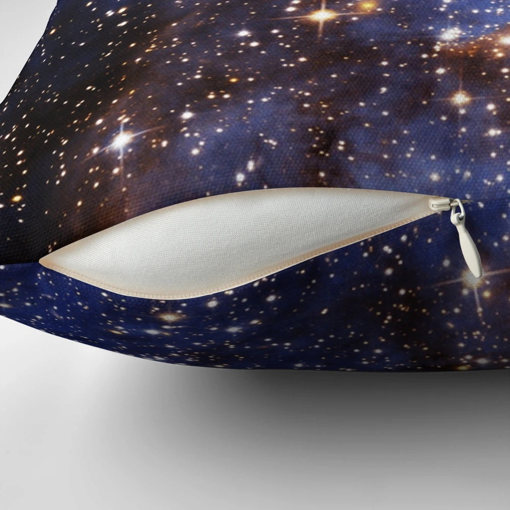 Blue galaxy print pillow with a cosmic, nebula-inspired design