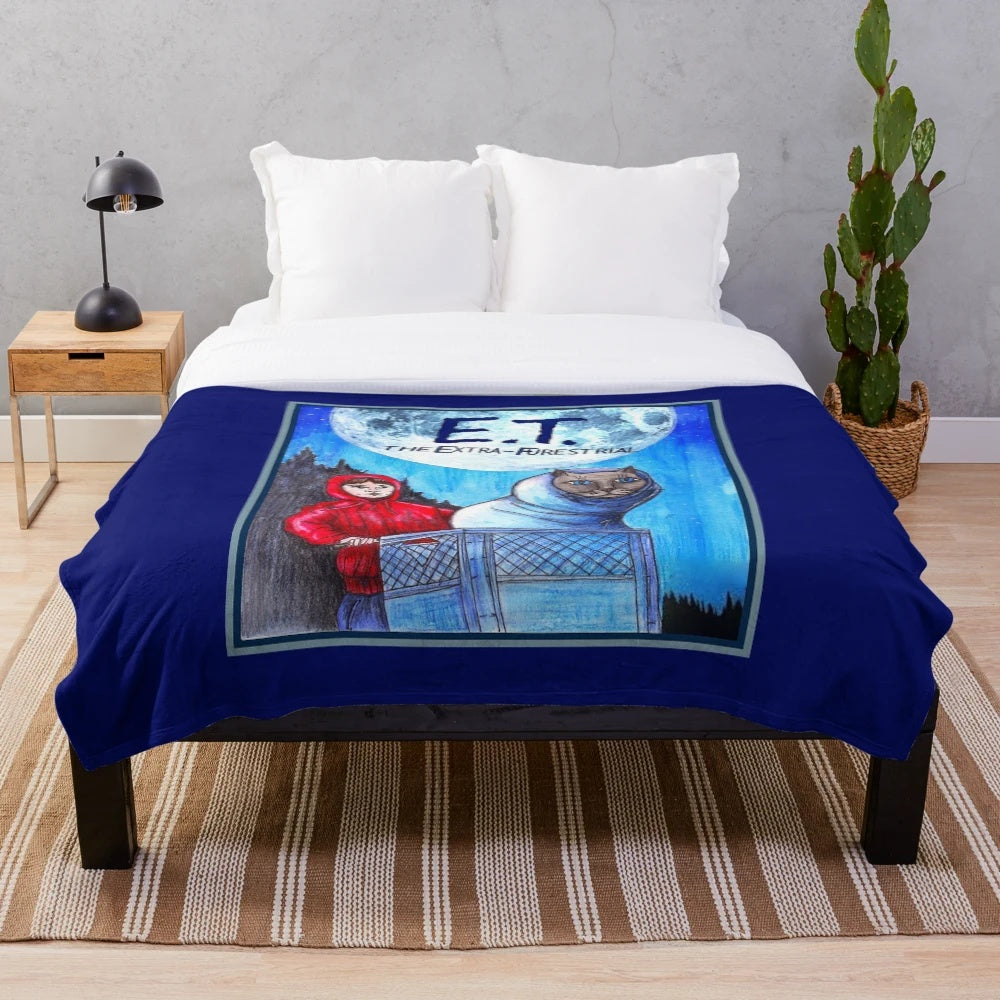 Plush blanket featuring a space cat design inspired by the movie E.T. the Extra-Terrestrial