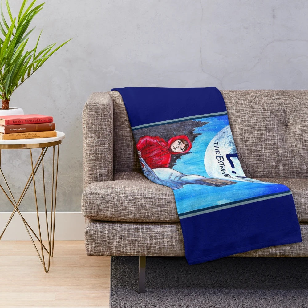 Plush blanket featuring a space cat design inspired by the movie E.T. the Extra-Terrestrial