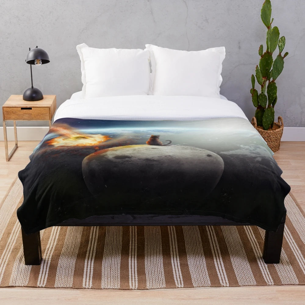Cosmic Cat Plush Blanket featuring a vintage-inspired cat design in a space-themed setting