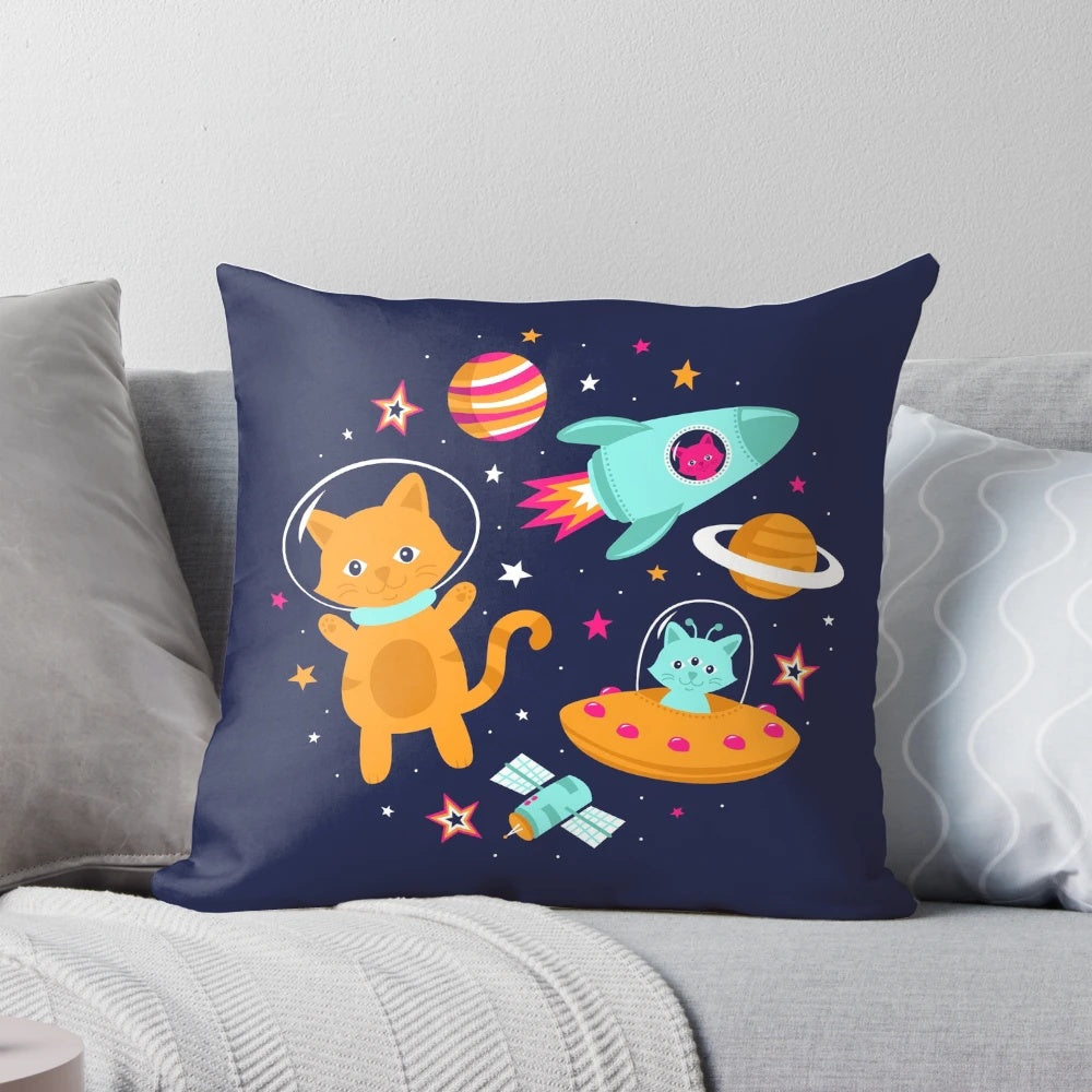 Cosmic Cats Pillow featuring cute space-themed kittens and cats