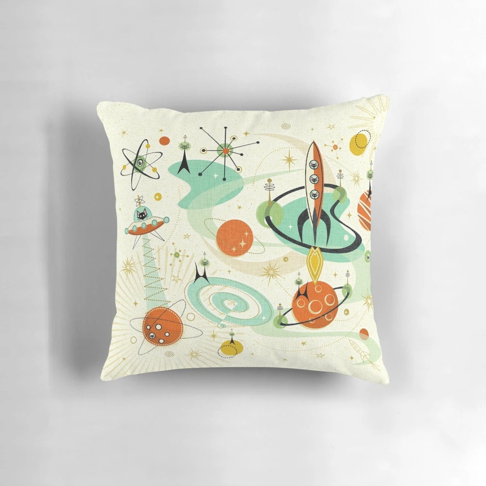 Pillow featuring a retro atomic cat design in a cosmic, space-themed setting