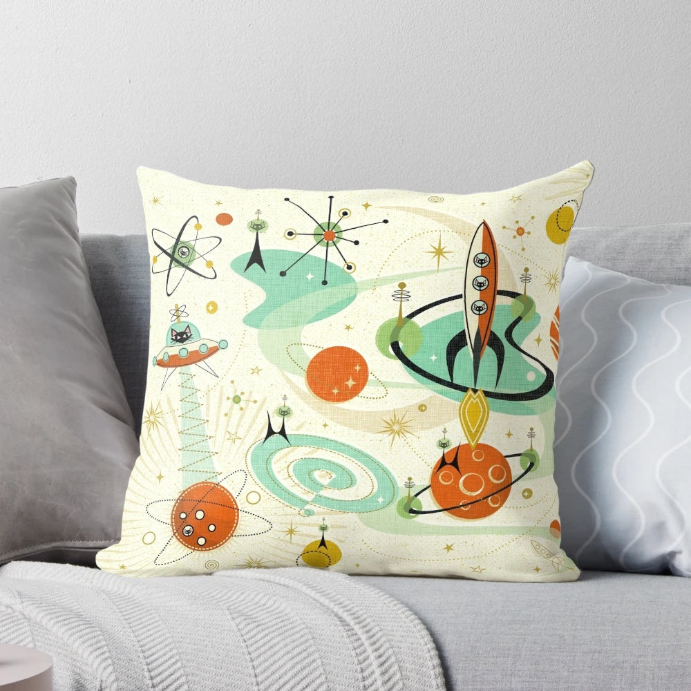 Pillow featuring a retro atomic cat design in a cosmic, space-themed setting