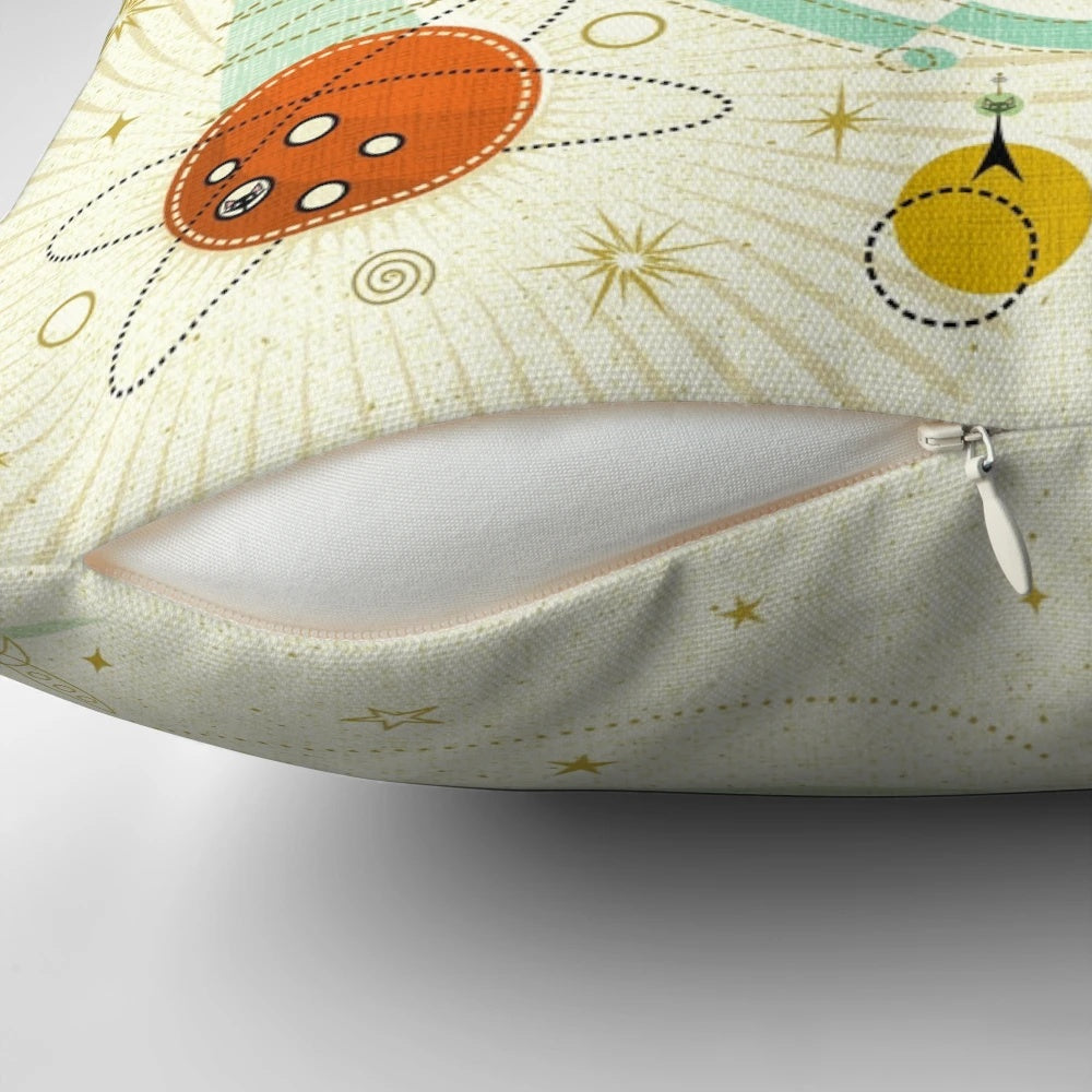 Pillow featuring a retro atomic cat design in a cosmic, space-themed setting