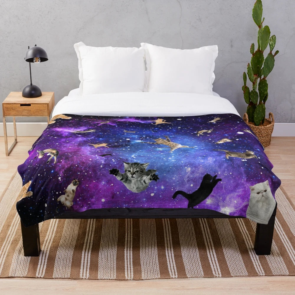 Space cats plush blanket with galaxy and stars design