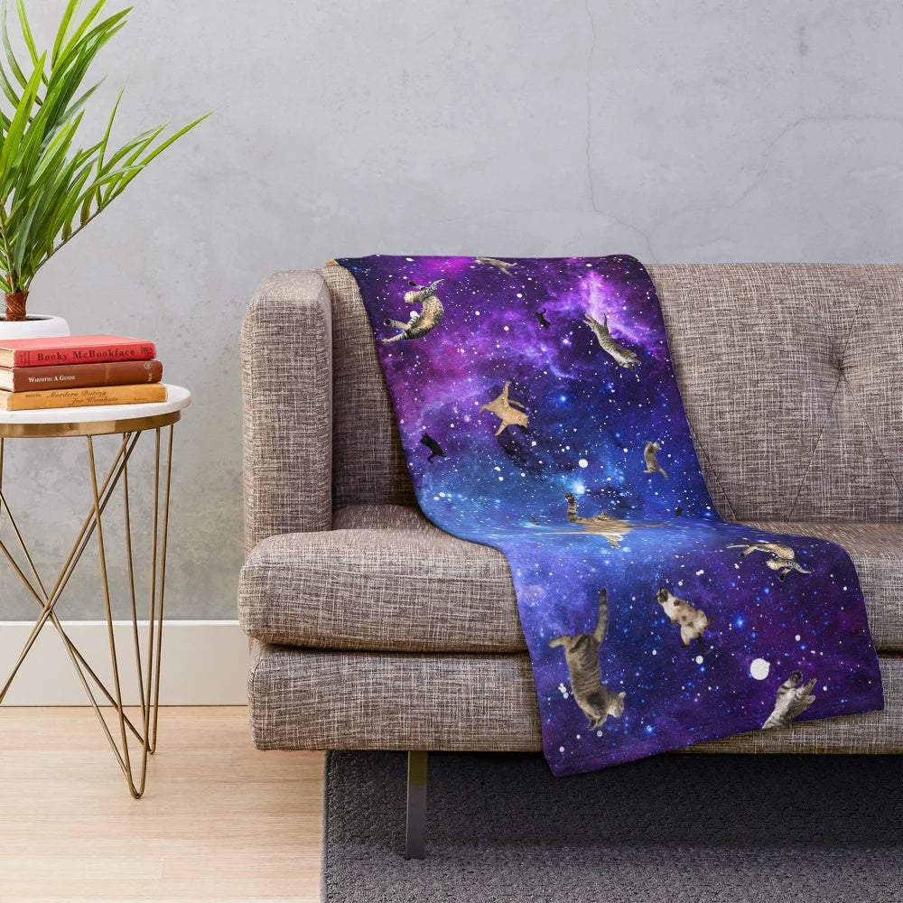 Space cats plush blanket with galaxy and stars design
