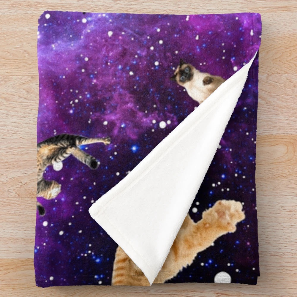 Space cats plush blanket with galaxy and stars design