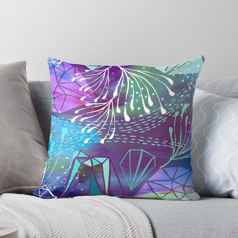 Cosmic chi energy abstract art yoga pillow in shades of purple and violet
