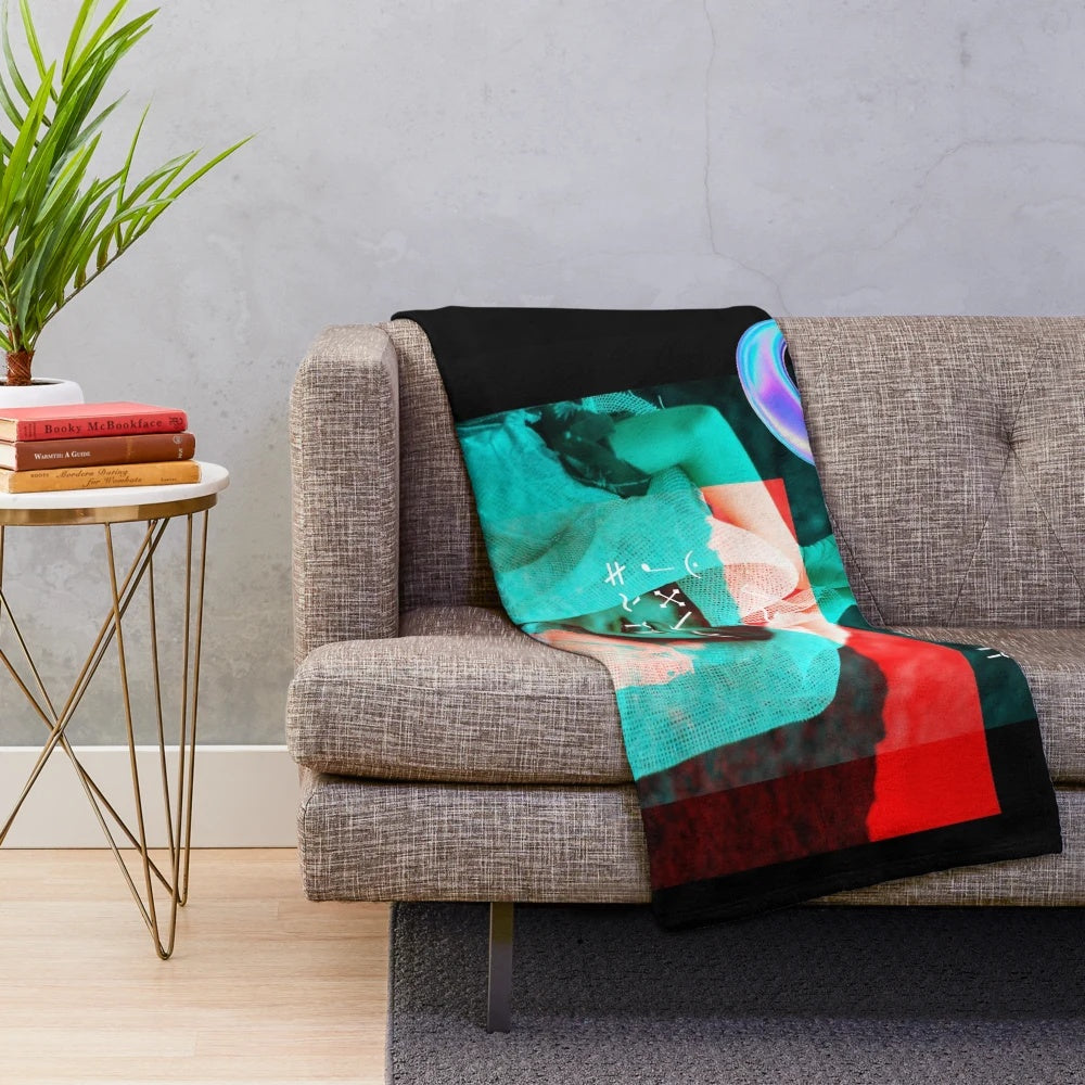 Cosmic cinematic girl plush blanket with abstract vaporwave and futuristic design