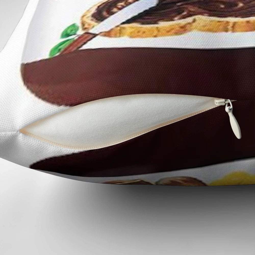 Vibrant and whimsical space-themed pillow with a playful Nutella-inspired design
