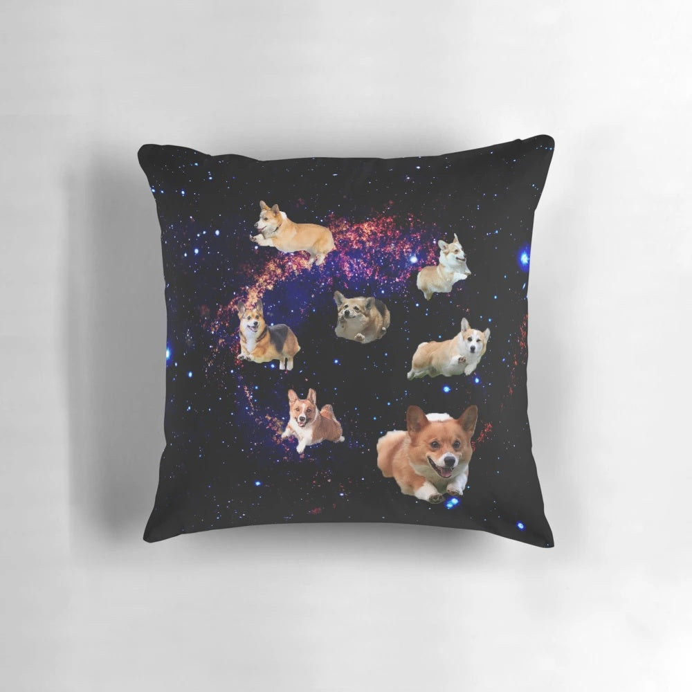 Colorful pillow featuring an adorable corgi dog in a trippy, galactic space-themed design