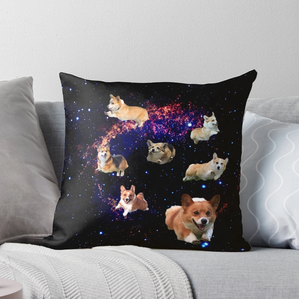 Colorful pillow featuring an adorable corgi dog in a trippy, galactic space-themed design