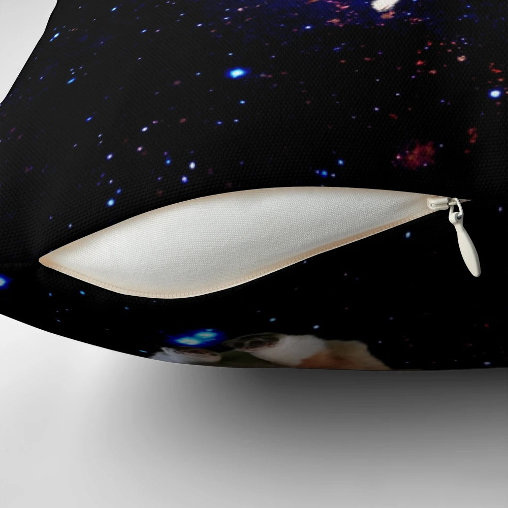 Colorful pillow featuring an adorable corgi dog in a trippy, galactic space-themed design