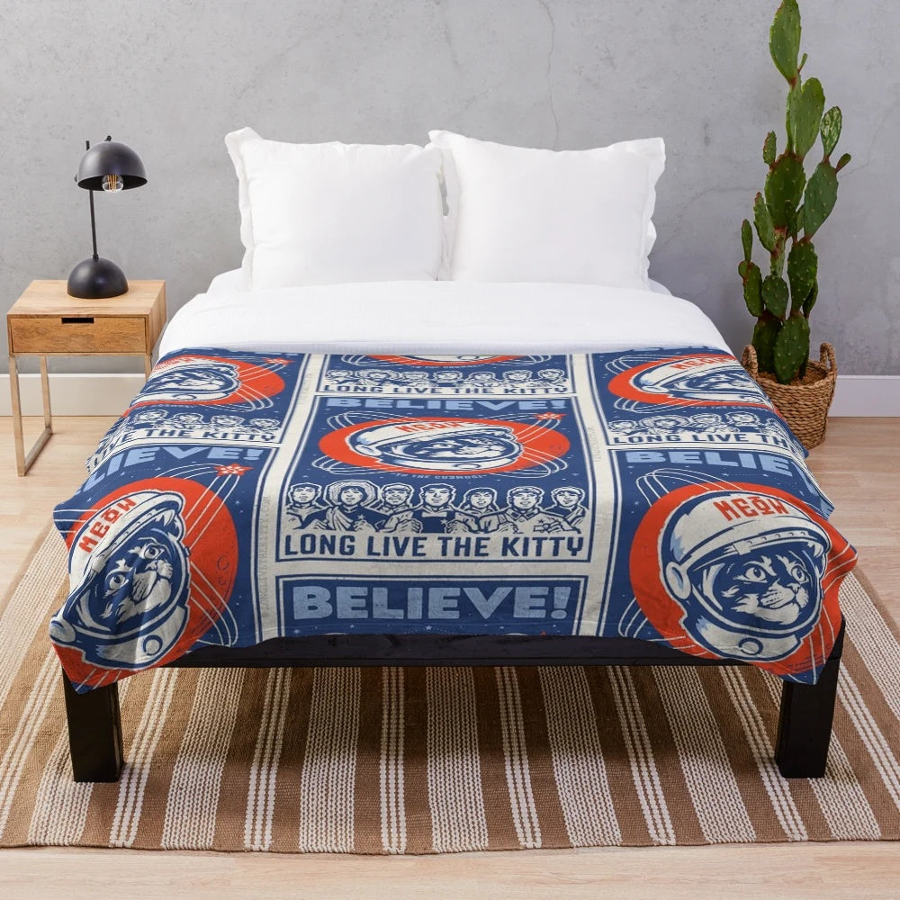 Cosmonaut cat plush blanket with a meme-worthy design
