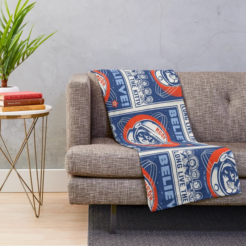 Cosmonaut cat plush blanket with a meme-worthy design