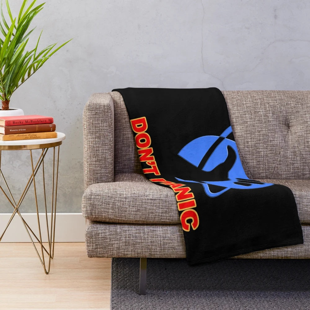 Hitchhiker's Guide to the Galaxy inspired plush blanket featuring galaxy and space design