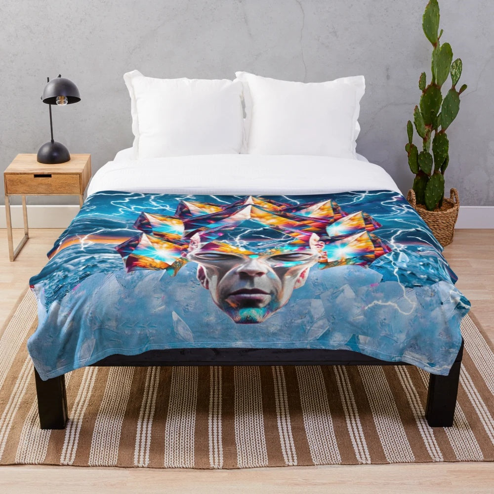 Colorful plush blanket with crystal time machine and alien design