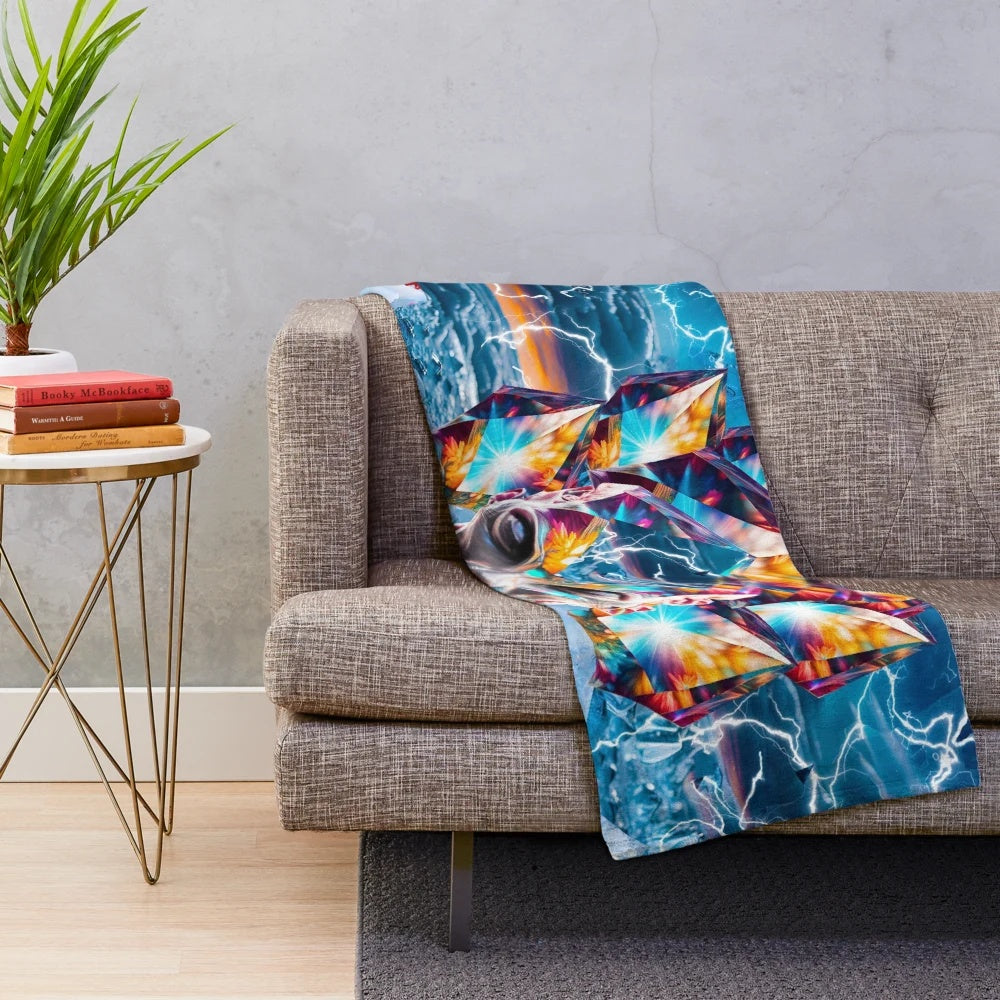 Colorful plush blanket with crystal time machine and alien design