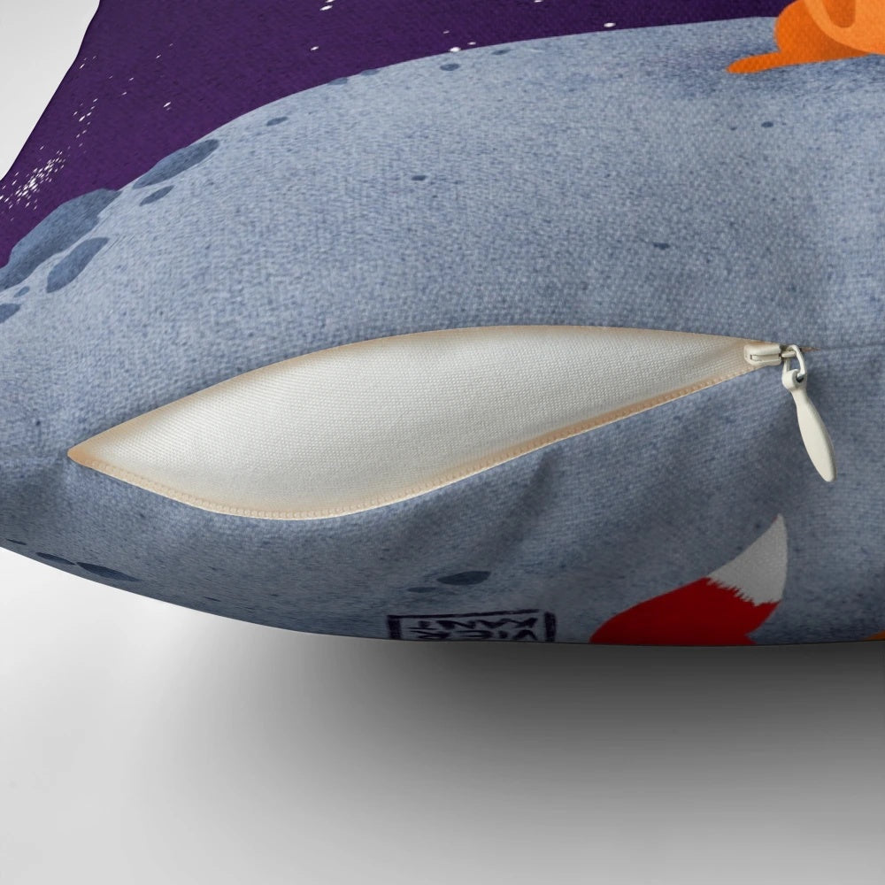 A cozy and whimsical pillow featuring a cute red fox in a spacesuit, floating among the stars in the galaxy.