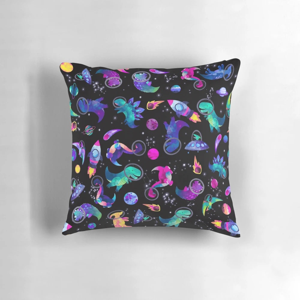 Vibrant watercolor pattern featuring dinosaur astronauts, planets, and galaxies on a pink and purple background.