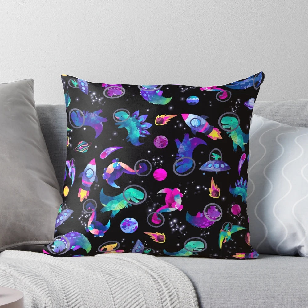 Vibrant watercolor pattern featuring dinosaur astronauts, planets, and galaxies on a pink and purple background.