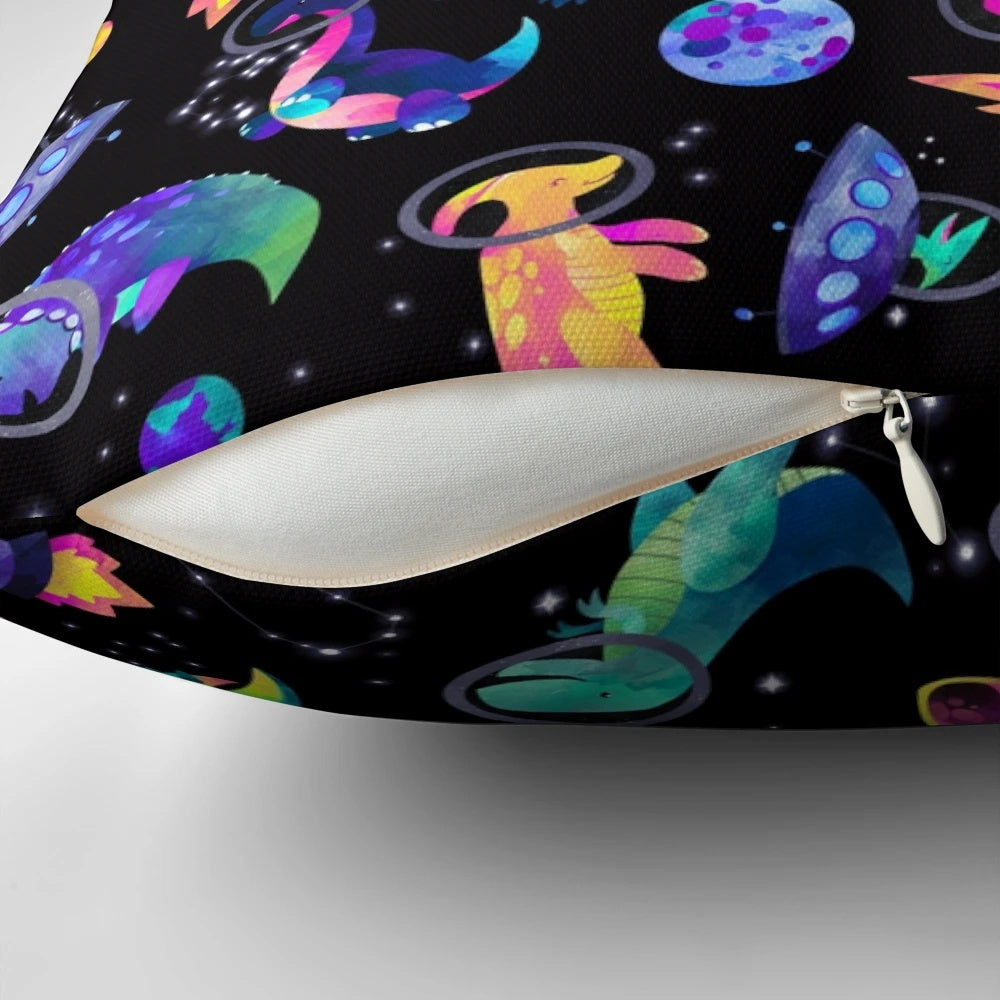 Vibrant watercolor pattern featuring dinosaur astronauts, planets, and galaxies on a pink and purple background.