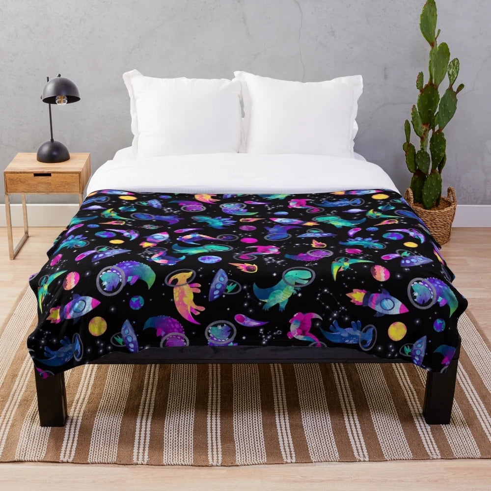 Cosmic dinosaur astronaut watercolor pattern plush blanket