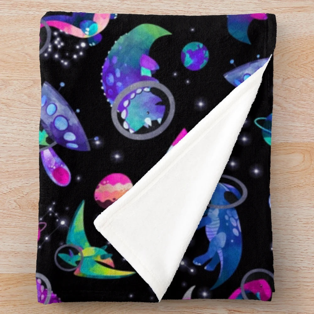 Cosmic dinosaur astronaut watercolor pattern plush blanket