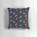 A vibrant pillow showcasing a playful pattern of dinosaurs soaring through a starry galaxy sky.