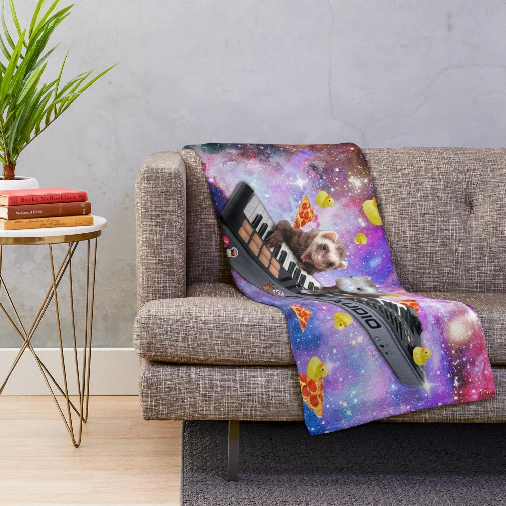 Soft, cozy plush blanket featuring a whimsical galaxy-themed ferret design