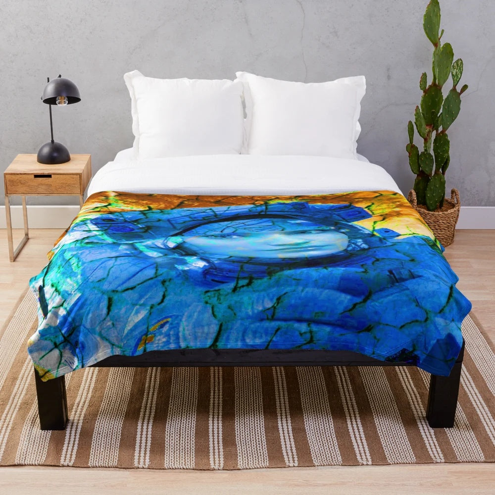 Astronaut plush blanket with abstract, disintegration design